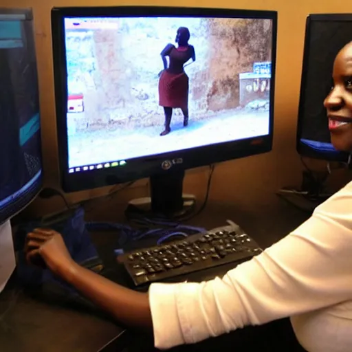 Prompt: A Kenyan businesswoman playing CS:GO on her computer, over the shoulder view