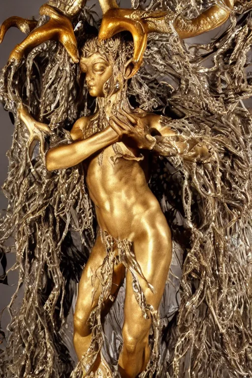 Image similar to a cinematic view of a ornated intricate mystic faun statue made by hedi xandt, chris haas and bernini, realistic, macabre art, partially covered by a wrapped black fabric veil, using few gold ornaments detailed image