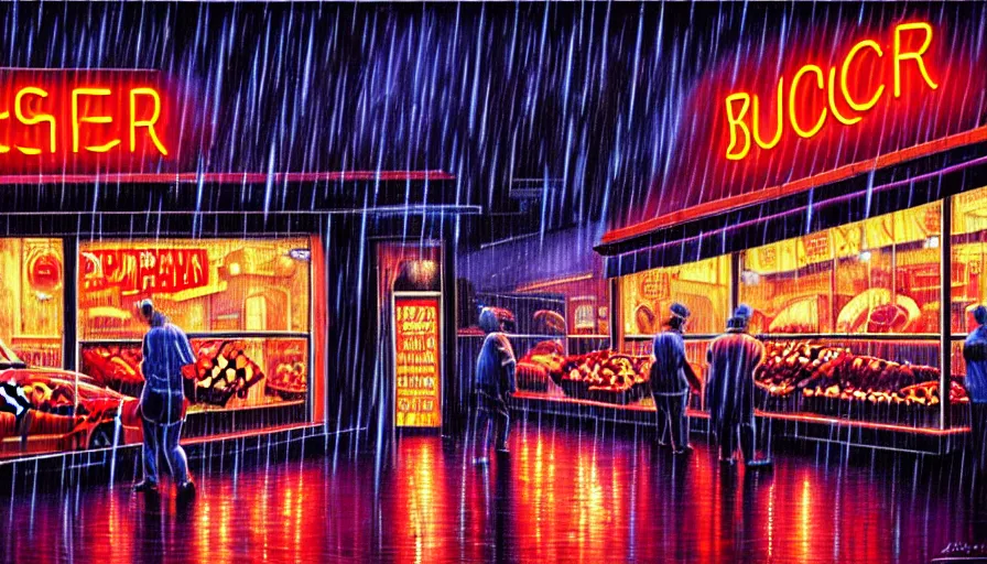 Prompt: painting of a neon sign storefront meat butcher shop, raining, busy street, cyberpunk, romantisism, outrun, synthwave, painting, detailed, by android jones