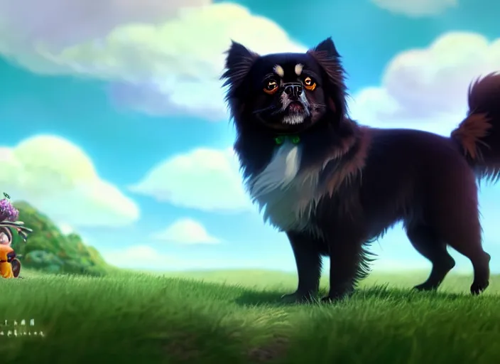 Image similar to a wholesome animation key shot of a black tibetan spaniel, wearing a crown, green field, studio ghibli, pixar and disney animation, sharp, rendered in unreal engine 5, anime key art by greg rutkowski, bloom, dramatic lighting