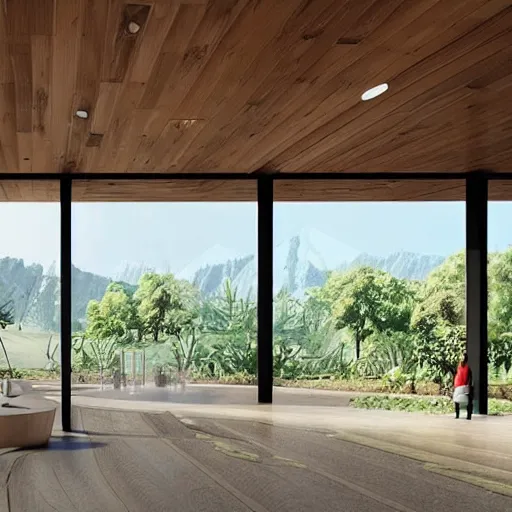 Image similar to a near - future health and wellness clinic with an inspiring view of nature