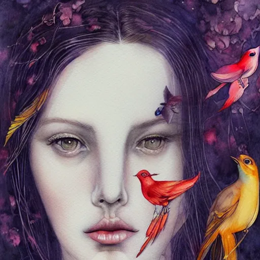 Image similar to watercolor woman with birds by anna dittmann, by marco mazzoni