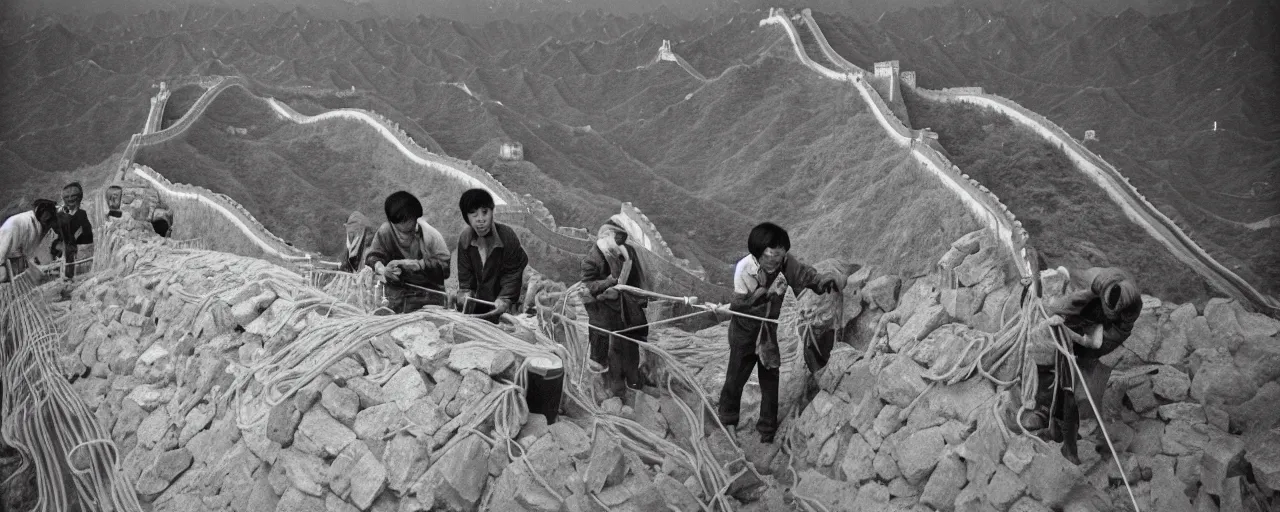 Image similar to eating spaghetti while constructing the great wall of china, fine detail, canon 5 0 mm, in the style of diane arbus, in the style wes anderson, kodachrome, retro