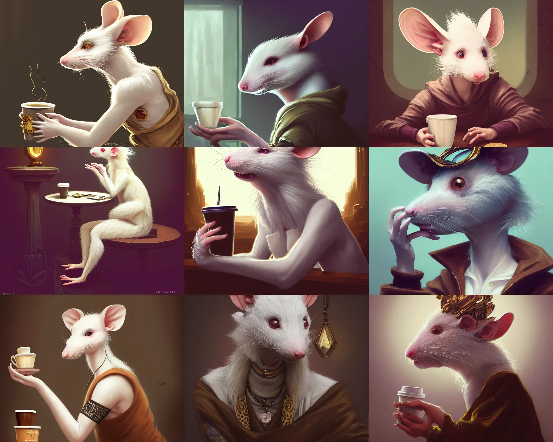 Prompt: photography of a female anthropomorphic albino rat fursona wearing hipster clothes sitting in a coffee shop, deep focus, d & d, fantasy, intricate, elegant, highly detailed, digital painting, artstation, concept art, matte, sharp focus, illustration, hearthstone, art by artgerm and greg rutkowski and alphonse mucha