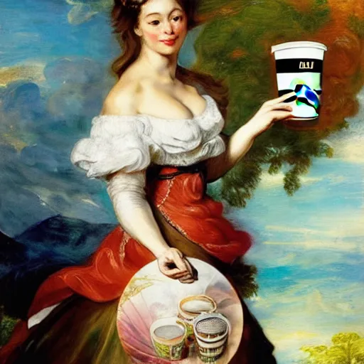 Image similar to heavenly summer sharp land sphere scallop well dressed lady holding a tall starbucks paper coffee cup, auslese, by peter paul rubens and eugene delacroix and karol bak, hyperrealism, digital illustration, fauvist, tall starbucks paper coffee cup, green coffee logo