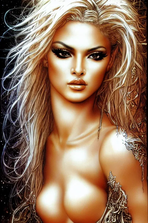 Image similar to Ayesha Nicole Smith as a beautiful blonde goddess, fantasy, portrait, sharp focus, intricate, elegant, illustration, ambient lighting, art by Luis Royo