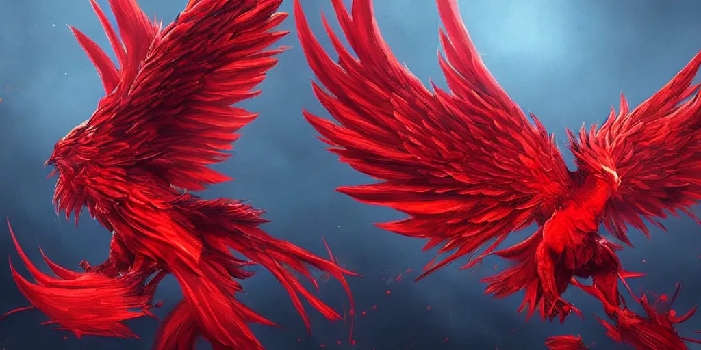 Prompt: artwork of a red phoenix, highly detailed, artstation, night black sky background, smooth illustration, digital art, unreal engine, ultra realistic, fine art, concept art