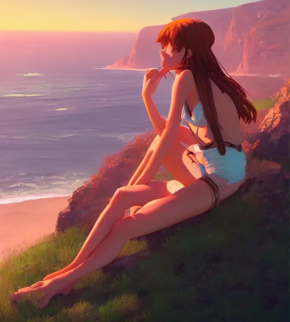 Image similar to a girl sitting on a cliff overlooking a beach. vivid colors, soft lighting, atmospheric, cinematic, moody, in the style of ilya kuvshinov and range murata, krenz cushart, oil on canvas, 8 k