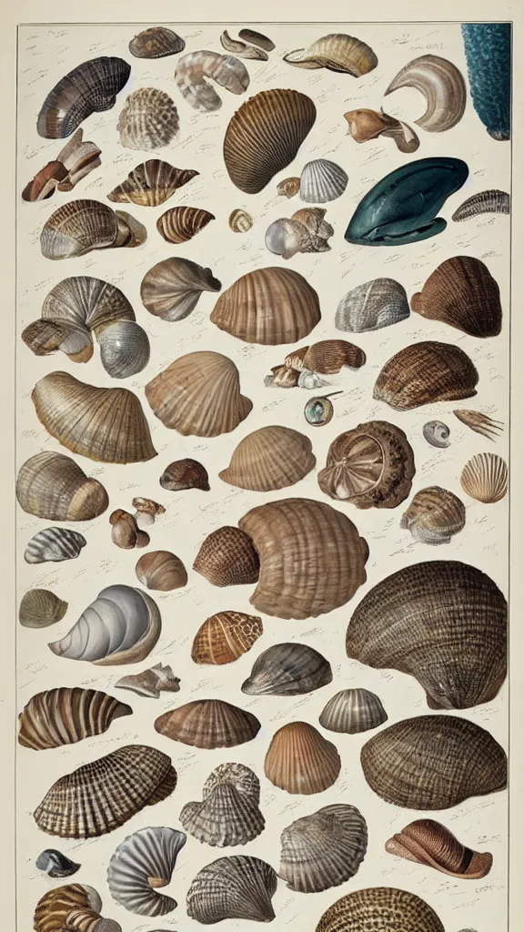 Image similar to a collection of sea shells, illustration by john james audubon circa 1 8 3 8