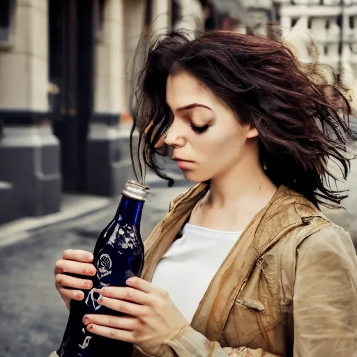 Image similar to photograph of woman holding a bottle in street, fashion shoot, award winning, kodak, 4 k, realistic intricate detail, hyper detail, woman very tired, full body potrait holding bottle, hazel green eyes, realistic, highlydetailed, natural, masterpiece, sharp focus,