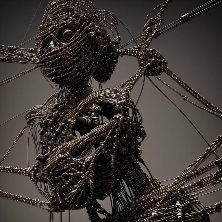 Image similar to dark biomechanical religious sculpture statue of Jesus on cross made of wires cables tubes, suffering, baroque painting, beautiful detailed intricate insanely detailed octane render, organic 8K artistic photography, photorealistic, chiaroscuro, Raphael, Caravaggio, Giger, Beksinski, black background, volumetric light