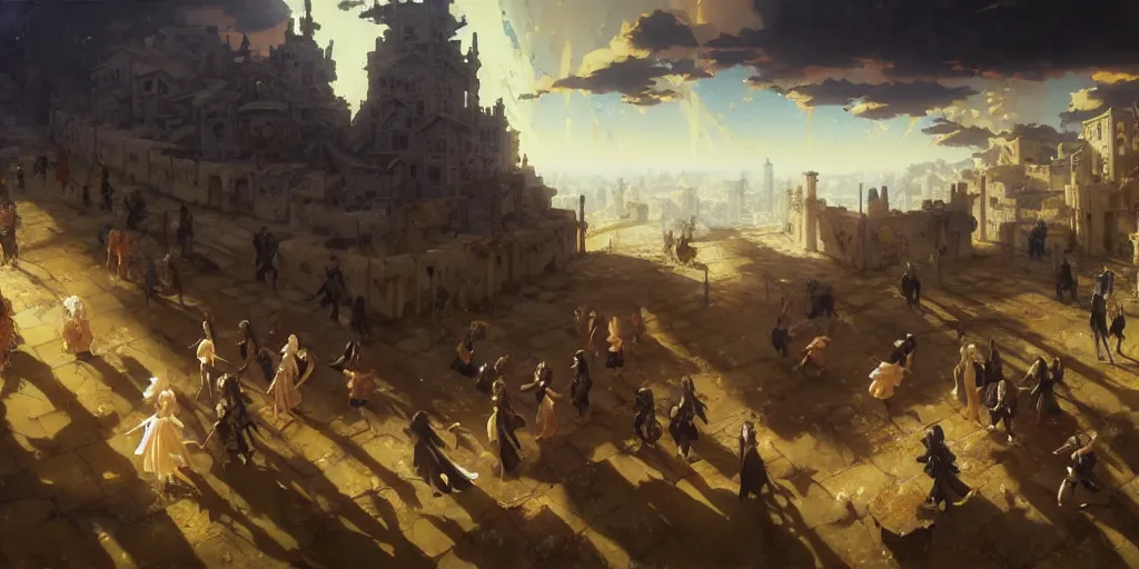 Image similar to baroque oil painting, anime key visual environment concept art, anime maids fighting a crusade in jerusalem, brutalist dark fantasy, trending pixiv fanbox, rule of thirds golden ratio, detail acrylic palette knife, illustrated by hayao miyazaki makoto shinkai jamie wyeth greg rutkowski chiho aoshima