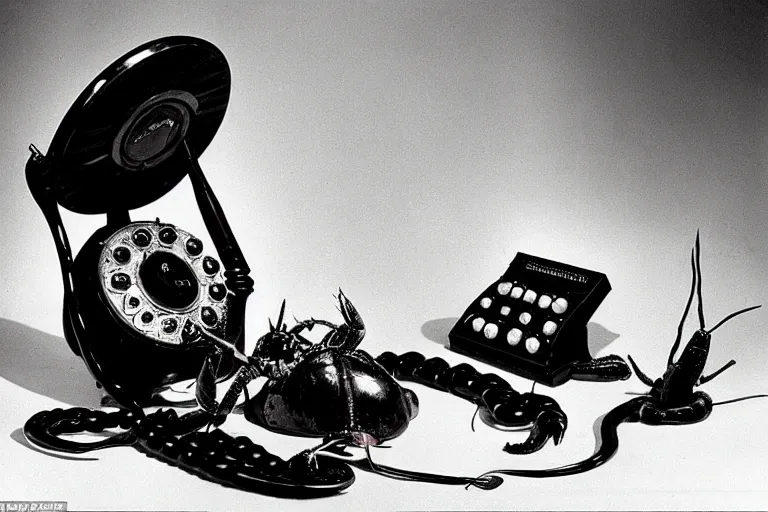 Image similar to Salvador Dali’s surrealist object Lobster Telephone (also known as Aphrodisiac Telephone), a black rotary telephone with a lobster for the handset