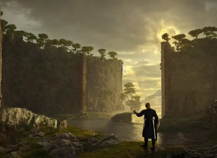 Image similar to a land of ruins of lost civilization with a distant fort in the middle, pure gold pillars, water tunnels below and a magical time gate to another dimension, a man wearing a white robe standing watching over, dramatic lighting, dawn, by caspar david friedrich, unreal engine 5