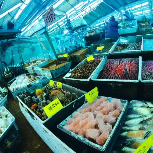 Prompt: billingsgate fish market selling boxes of coral reef 4k wide angle