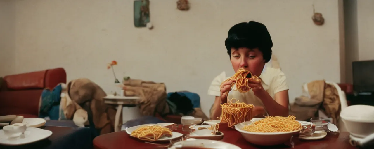 Image similar to eating spaghetti alone in front of the tv, modern era, canon 5 0 mm, kodachrome, in the style of wes anderson