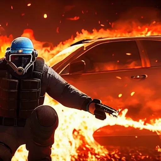 Image similar to Montagne from Rainbow Six Siege riding a bike leaving behind a trail of flames and explosions