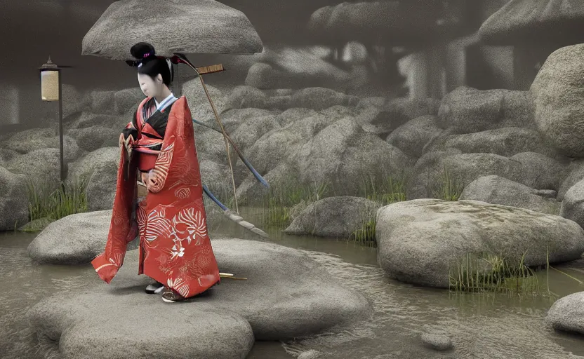 Prompt: highly detailed 3 d render of native japanese geisha warrior standing in wet japanese courtyard from sengoku period, surrounded by dense rock formations, high in mountains, blue night, cinematic lighting, photobash, raytracing, high contrast