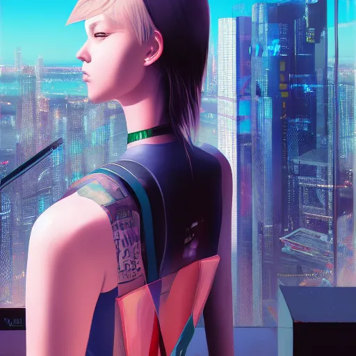 Image similar to a close up of a person with a city in the background, cyberpunk art by Ilya Kuvshinov, cgsociety, photorealism, ilya kuvshinov, cityscape, digital painting