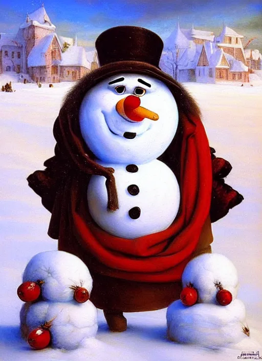 Image similar to a masterwork chiaroscuro oil painting portrait of adorable symmetric snowman olaf from disneys frozen in the style of a renaissance painting, insane detail, jan matejko, jan van eyck, trending on artstation, artgerm