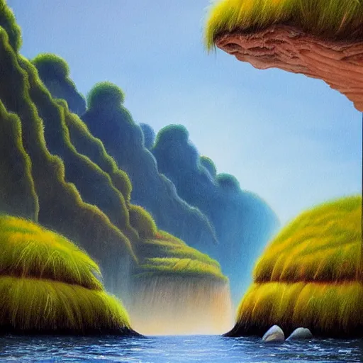 Image similar to painting of a lush natural scene on an alien planet by april gornik. beautiful landscape. weird vegetation. cliffs and water.