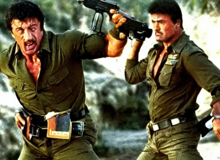 Image similar to sylvester stallone in a still from the movie Commando (1985)