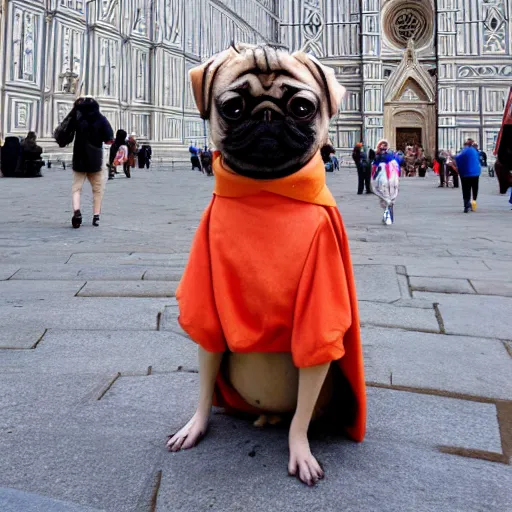 Prompt: a pug dressed as a woman, in front of basilica del duomo firenze