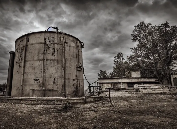 Prompt: Professional Photography, Nikon, Post apocalyptic water tank,