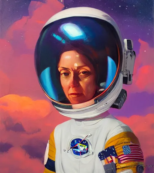 Prompt: sad female astronaut, by bartholomew beal, alfio presotto, rhads, salustiano garcia cruz, lita cabellut, contemporary art, mixed media, whimsical art, detailed,