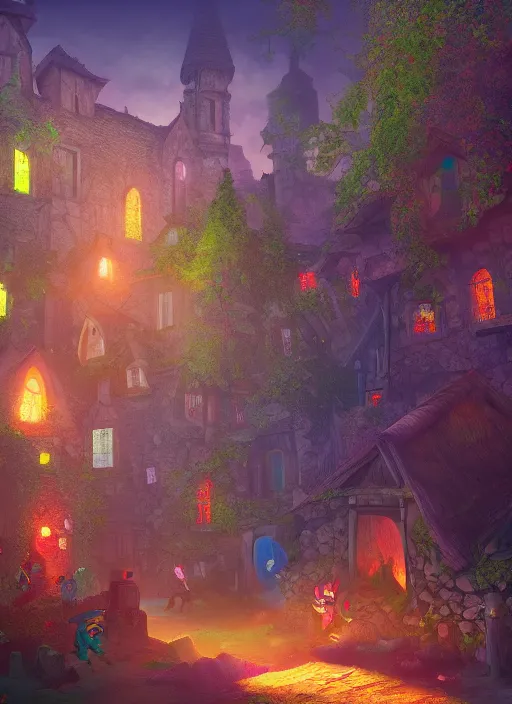 Prompt: subsurface scattering, medieval village in the middle of lush forest, glowing monsters running by, vibrant colors, highly detailed, digital art, cinematic lighting, 8 k