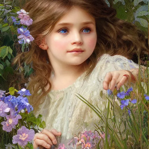 Image similar to a cute little girl with wavy light brown hair and blue eyes in a garden, beautiful highly detailed face, stunning painting by irakli nadar and greg rutkowski and alphonse mucha