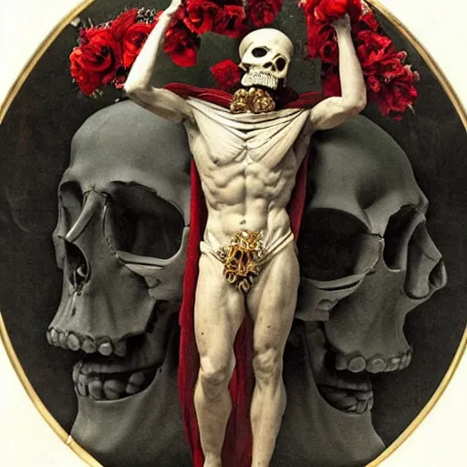 Image similar to a man in the form of a Greek sculpture with a mask in the form of a skull and wreath of flowers skulls in hands dressed in a biomechanical dress, red white and gold color scheme, baroque, by Michelangelo