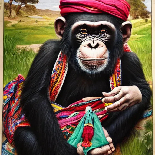 Prompt: beautiful painting by sophie anderson of a chimpanzee wearing traditional men kurdish clothes shalvar baggy pants and white shirt with a large sash tied around the waist in a kurdish village, award winning art, insanely detailed, bright colors, global illumination, cute, young, stunning