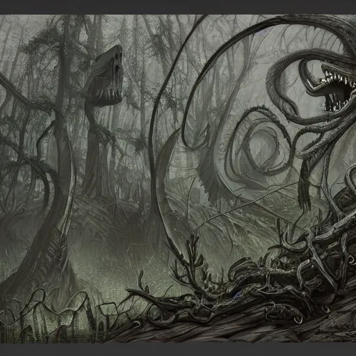 Image similar to lovecraftian 🌲🦎, concept art, extremely detailed, trending on artstation, creepy