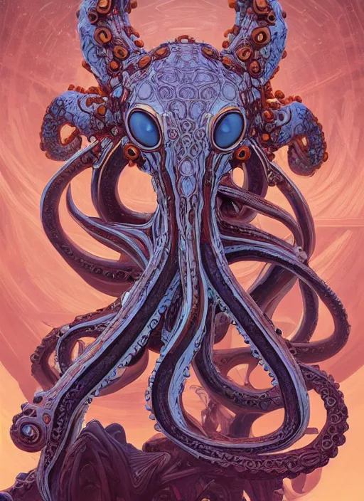 Image similar to symmetry!! portrait of octopus alien in the style of horizon zero dawn, machine face, intricate, elegant, highly detailed, digital painting, artstation, concept art, smooth, sharp focus, illustration, art by artgerm and greg rutkowski and alphonse mucha, 8 k