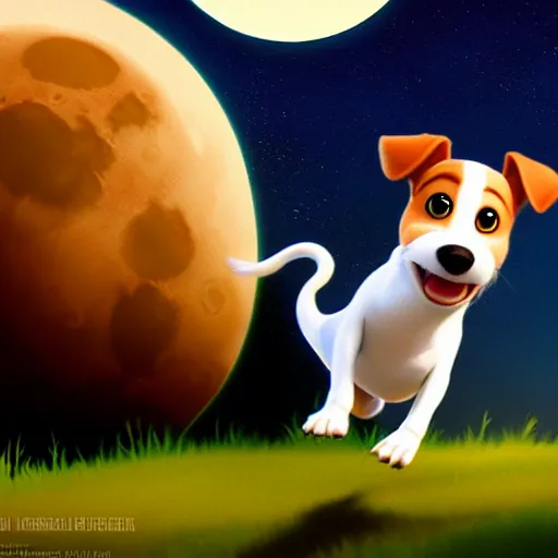 Image similar to cute pixar jack russel terrier, jumping over the smiling moon, concept art, pixar, disney studios, dreamworks animation