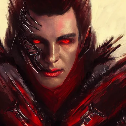 Image similar to beautiful close up portrait vampire, black and red coloured, armor with exposed internals, elegant, detailed. epic cinematic hyperrealism masterpiece. realistic poster with shaded lighting by craig mallismo, artgerm, jeremy lipkin and michael garmash, unreal engine, radiant light, detailed and complex environment, digital art, art station trends, detailed faces, detailed eyes