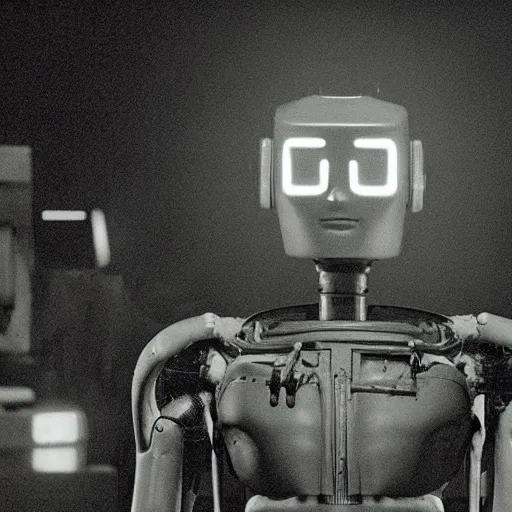 Image similar to movie scene of a man with a robot head, movie still, acting, cinematic composition, cinematic lighting, Movie by David Lynch and Andrzej Żuławski