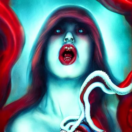 Image similar to highly photorealistic expired fuji film portrait of woman with long tentacled red tongue combined with stranger creatures, in the style of frank bairstow, artgerm, james cameron, marvel comics, ridley scott, cinematic lighting, imax quality, 8 k, award winning photography