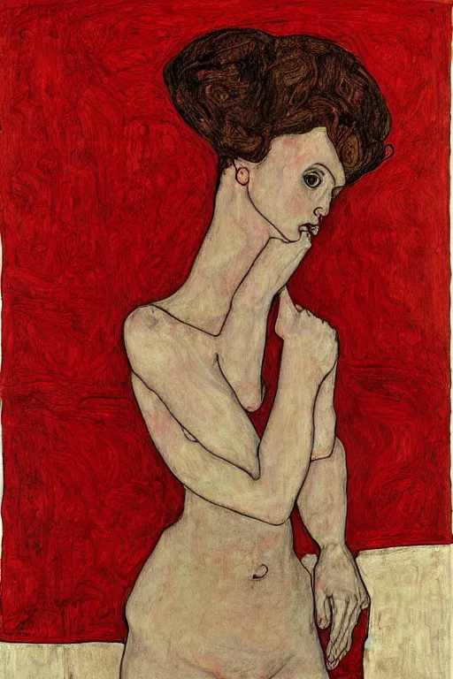 Prompt: drawing portrait of woman half covered by red fabric by Egon Schiele