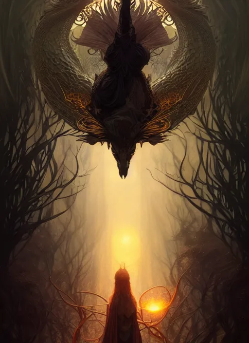 Image similar to book cover, award winning, dark crow, fantasy forest landscape, dragon scales, fantasy magic, dark golden light night, intricate, elegant, sharp focus, illustration, highly detailed, digital painting, concept art, matte, art by WLOP and Artgerm and Greg Rutkowski and Alphonse Mucha, masterpiece