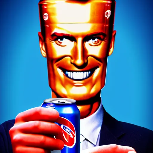 Prompt: pepsi man but with coca cola branding, drinking a can of soda with max headroom's face on it, realistic, hyperrealistic, ultra realistic, real, real world, highly detailed, very detailed, extremely detailed, intricate details, 8 k resolution, hd quality