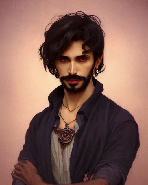 Image similar to 3 / 4 portrait, male vampire, brown skin, long dark hair, dark blue shirt, beautiful, flowers, blood on mouth, detailed background, elaborate jewelry, earrings, artstation, alphonse mucha, william bouguereau, rossdraws, greg rutkowski, super detailed, illustration, realistic, octane render, sharp focus, cinematic, 8 k