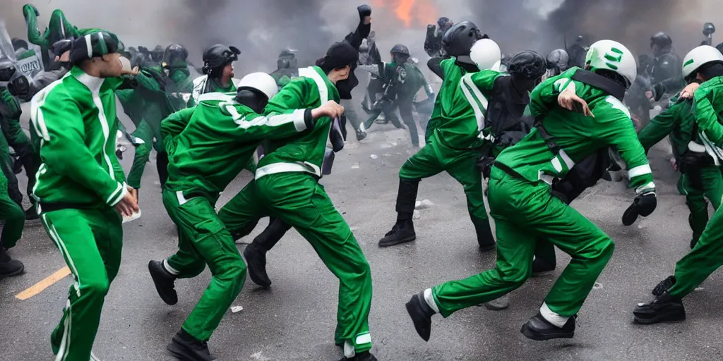 Image similar to photo of young men wearing green and white tracksuits fighting cops in a riot with burning cars, mid shot, editorial photography, night