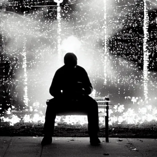 Image similar to man sitting on park bench on christmas eve smoking cigarette. cigarette glowing embers smoke volumetric c4d. harsh lighting, live action photo 1993 film. bokeh Christmas lights in the background