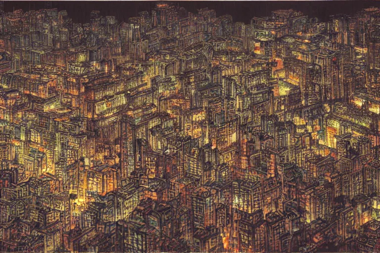 Prompt: kowloon walled city at night, by yoshitaka amano