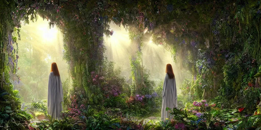 Image similar to long shot of a bright sun shining through a gardens in the bay interior, mystical woman wearing a cloak walking in over grown botanical garden, pre raphaelite, atmospheric, ground mist, waterfalls, light streams, style of gardens in the bay singapore, art by artgerm, sharp, intricate detail,