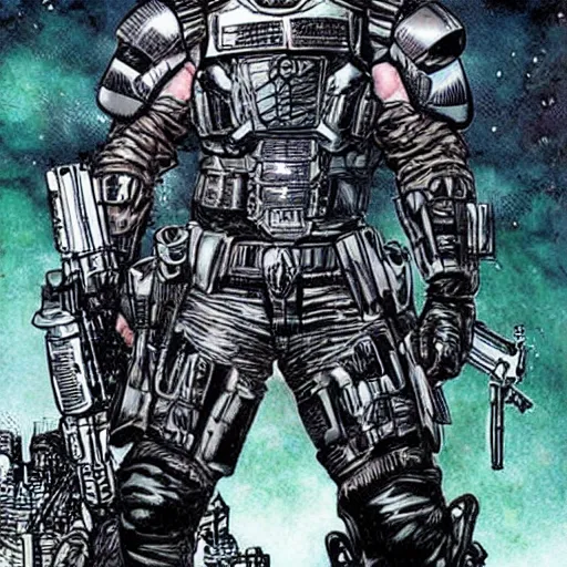 Image similar to sci - fi, dystopian bounty hunter, art by jim lee