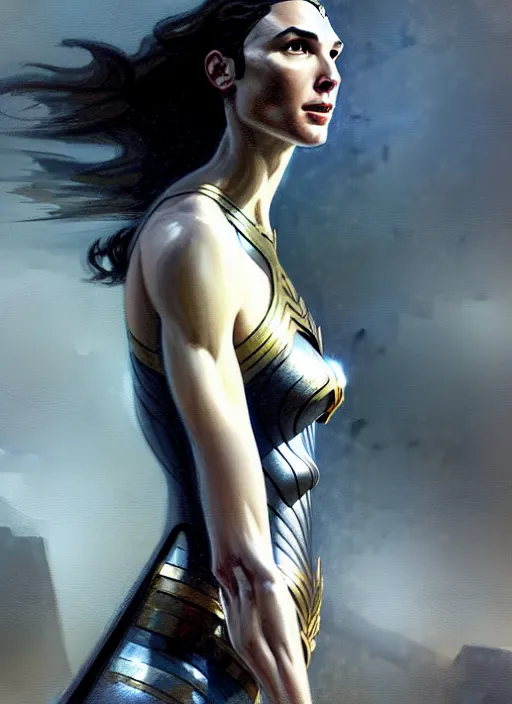 Image similar to a full body portrait of gal gadot, intricate, sharp focus, illustration, highly detailed, digital painting, concept art, matte, art by ruan jia and wlop and greg rutkowski, masterpiece