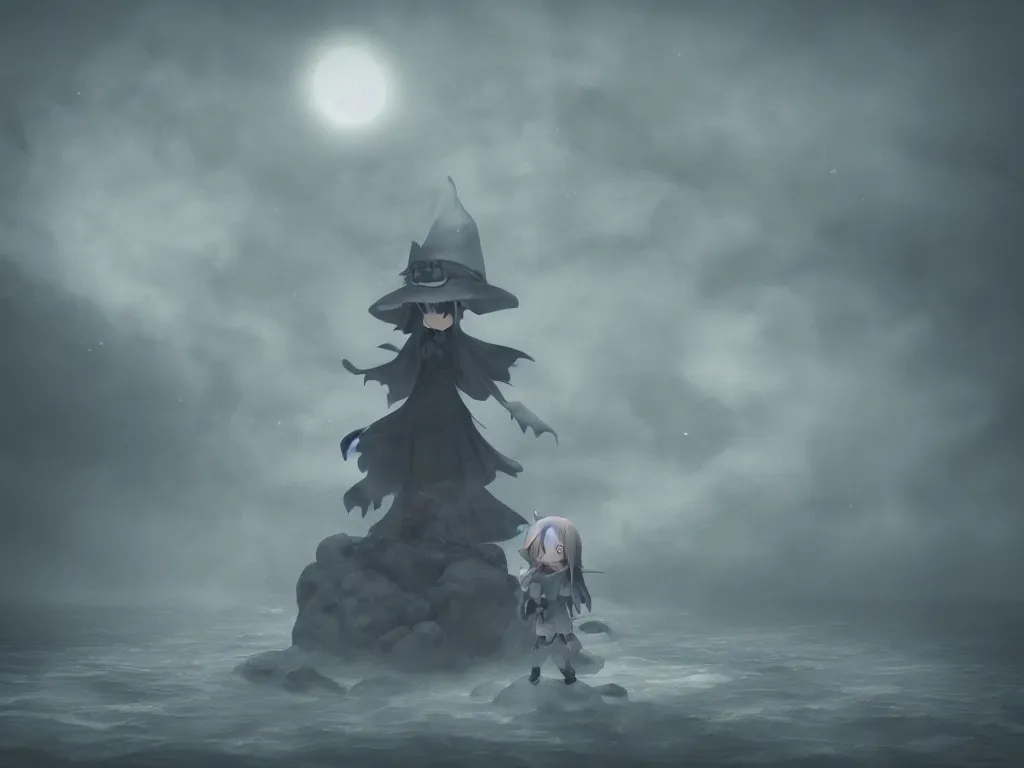 Image similar to cute fumo plush girl witch on a tiny island surrounded by murky river water, river styx, cursed otherworldly chibi gothic horror wraith maiden, lost in the milky void, hazy heavy magical glowing swirling murky volumetric fog and smoke, concrete brutalist ruins, moonglow, lens flare, vray